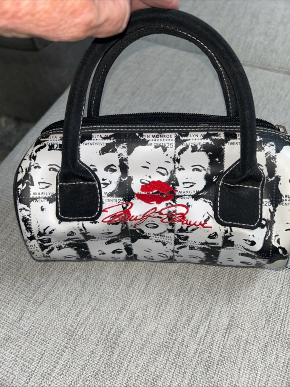 Black & White Marilyn Print Mini Satchel with Red Lip Accent - Picture 5 of 11